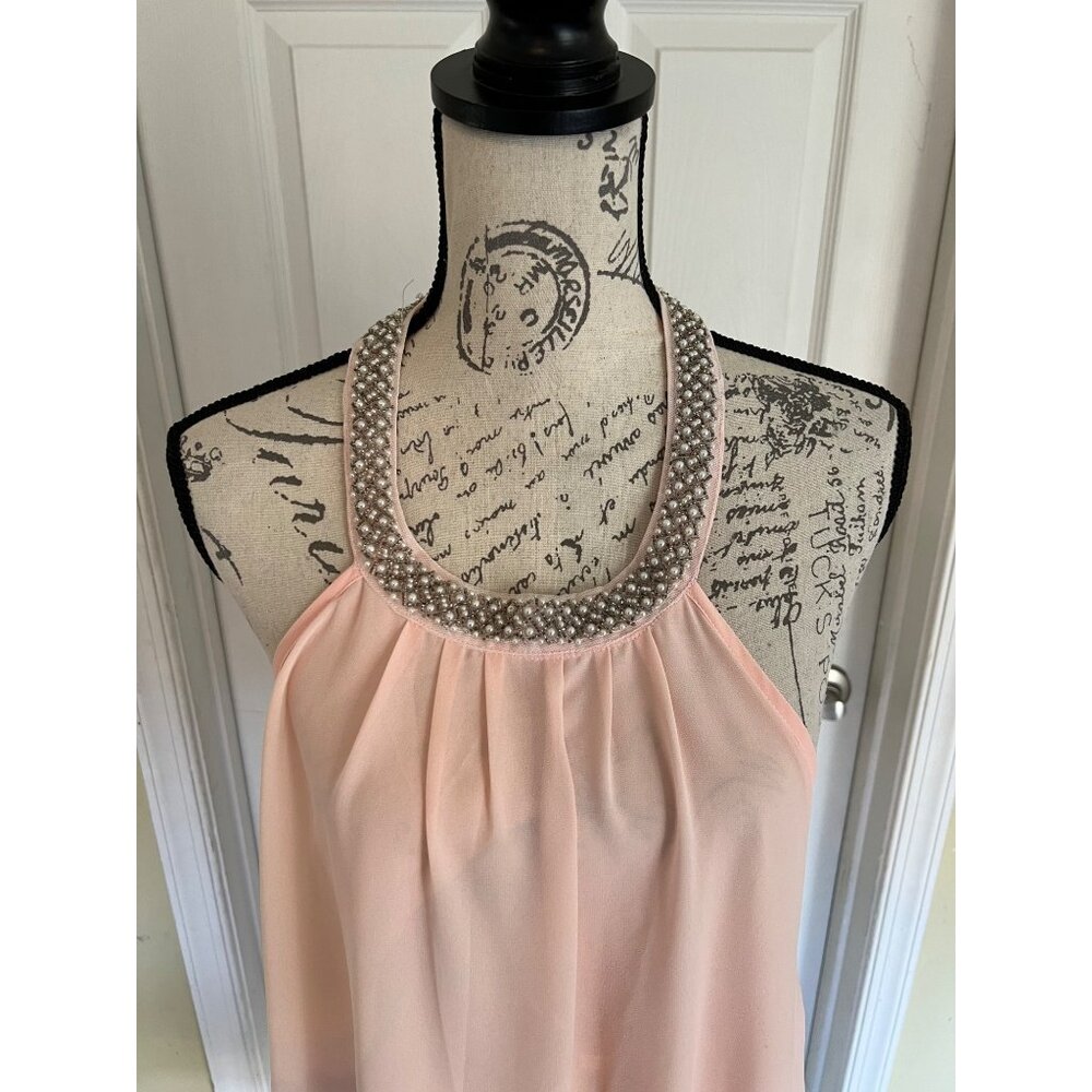 Tobi Pink Halter Mini Dress Chiffon Beaded Collar/neckline Shift Backless HoCo M - Picture 2 of 8